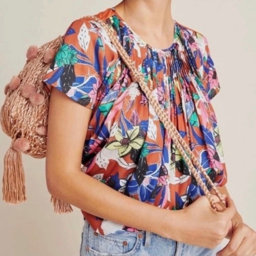 Anthropologie Floral Pleated Rust Multicolor Short-Sleeve Blouse